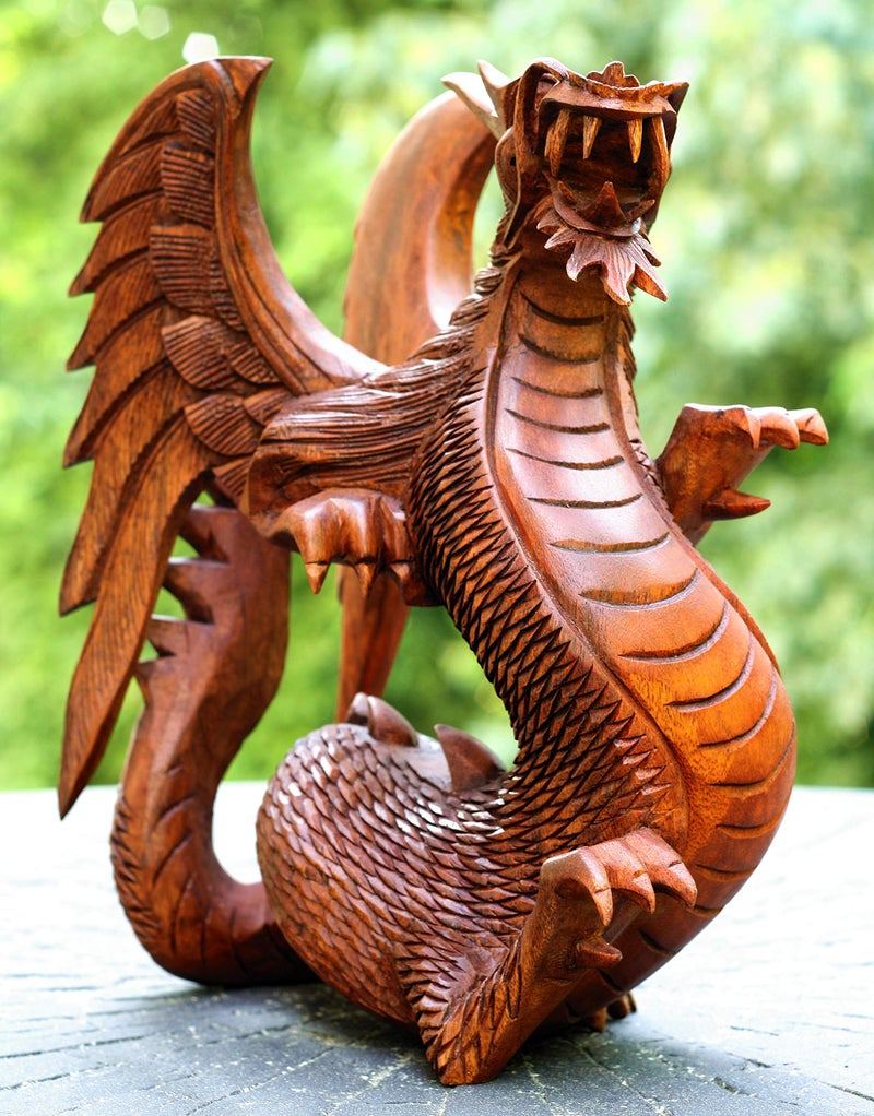 G6 Collection Hand Carved Wooden Dragon Statue, Winged Dragon Figurine Sculpture for Shelf, Mantel or Office, Mythical Creature Home DÃ©cor (8.5" Tall) - Image 3